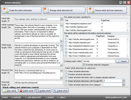 Screenshot of Article Submitter 3.0